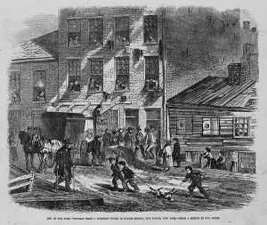 Slum Prints: New York City. A group of people gathered outside tenement house watch men carry out a coffin; in the street