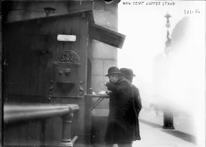 Stand Prints: New York City, man drinking coffee at a one cent coffee stand