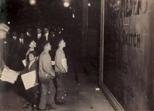 Times Square Prints: New York City, newsies hanging around Long Acre Square (Times Square) waiting for the Victoria Theatre to close