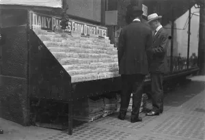 Newsstand Prints: New York City newsstand, photograph by Lewis Wickes Hine, June, 1913