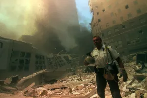 Skyscraper Prints: New York City policeman in ruins following September 11th terrorist attack on World Trade Center