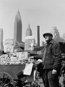 Fruit Stand Prints: New York City, push cart fruit vendor at the Fulton fish market
