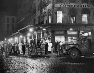 Brick Prints: New York City street at night, circa late 1930s