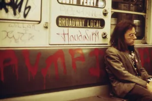 Railroads Prints: New York City Subway car interior covered with spray painted graffiti. May 1973