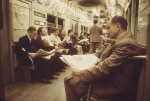 Newspapers Prints: New York City Subway. Passengers with their newspapers on the New York City Subway