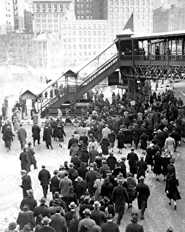 Crowd Prints: New York City Subway - Staten Islanders arriving at The Battery during a bus drivers strike head to the elevated subway