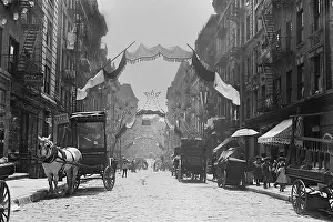Street Prints: New York City's Mott Street decorated for an Italian religious festival