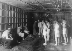 Business Cycles Prints: New York City's Municipal Lodging House for the homeless required male lodgers to shower while they took their