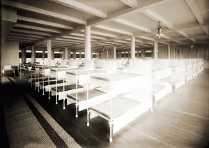 Beds Prints: New York City's Municipal Lodging House men's dormitory with rows of bunk beds