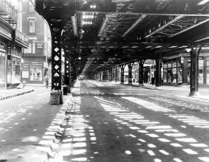 Shadows Prints: New York City's west side elevated railroad at Greenwich Street, New York in the 1930s
