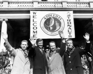 Astronaut Prints: New York Mayor John Lindsay (second from left) with Apollo 14 astronauts Stuart Roosa (far left)