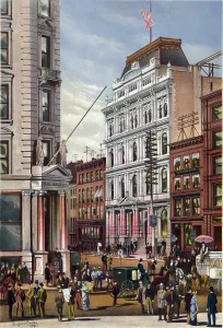 Stock Market Prints: New York Stock Exchange in 1882 with telegraph office next door
