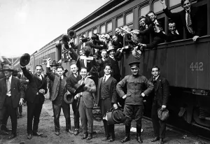Recruitment Prints: New Yorkers board a train on their way to Camp Upton for basic training