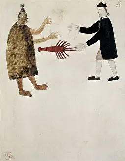 Drawings Prints: New Zealand (1768-1779). Exchange between a Maori and an English sailor of the Endevour