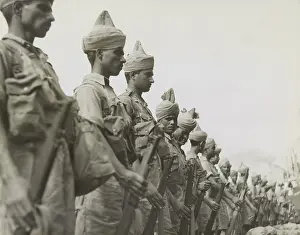 Inspection Prints: Newly arrived British Indian soldiers stand at attention prior to inspection at Singapore