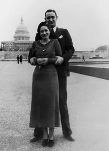 Images Dated 6th March 2012: Newlywed Lyndon and Lady Bird Johnson in front of the Capitol where LBJ working as an aide to Congressman Richard