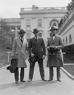 Occupational Prints: Three news photographers outside White House, c. 1920s