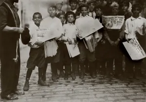 Times Square Prints: Newsboys with newspapers announcing the results of the boxing match between James J
