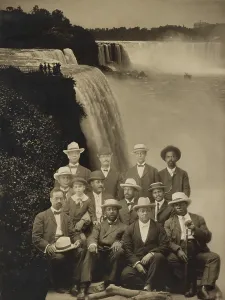 Lynching Prints: Niagara Movement founders superimposed over an image of Niagara Falls