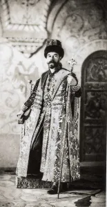 Moskva Prints: Nicholas II. Nicholas II dressing the traditionaI coronation costume