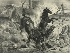 Attacks Prints: Night bombing by aeroplanes striking horses and soldiers near Soissons in WW1