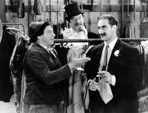 Rack Prints: A NIGHT AT THE OPERA, Chico Marx, Sig Rumann, Groucho Marx, 1935, negoitating the contract