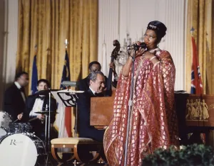 Rhythm And Blues Prints: Nixon at the Piano. Pearl Bailey sings after a White House dinner while accompanied by President Nixon