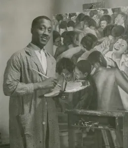 Palette Prints: Norman Lewis African-American painter in 1935 with one of his figurative paintings