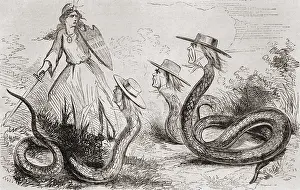 Political Parties Prints: Northern cartoon of 1863 shows the Union threatened by political reptiles wearing hats of Midwest Democratic