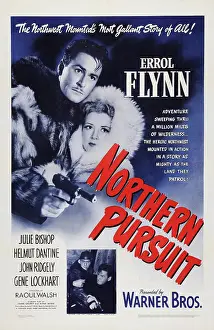 1943 Movies Prints: NORTHERN PURSUIT, US poster art, top from left: Errol Flynn, Julie Bishop, 1943