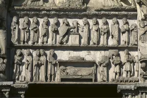 Notre-Dame Cathedral of Chartres. 1194-1290. FRANCE. Chartres. Notre Dame cathedral. Decoration in the front facade. Gothic art. Sculpture on rock