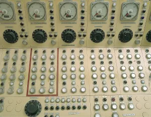 Control Room Prints: Nuclear reactor control panel for the manual operation of the control rods that regulate temperatures in the reactor