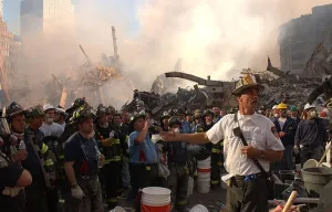 Skyscraper Prints: A NYC Fire Chief addresses firefighters at Ground Zero on Sept. 12, 2001