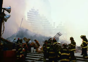 Fireman Prints: NYC firefighters at Ground Zero two days after 9-11 terrorist attack of on WTC