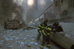 Skyscraper Prints: NYC firemen checking a car on Barclay Street after the 9-11 terrorist attack on World Trade Center