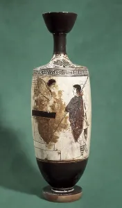 Oedipus and the Sphinx. Attic kylix. Classical Greek art. Ceramics. ITALY. Taranto. Taranto Archaelogical National Museum. AISA/Everett Collection**US SALES ONLY**
