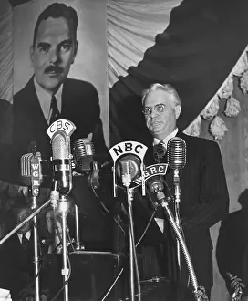 Microphones Prints: Ohio Governor John Bricker accepting the 1944 Republican vice presidential nomination