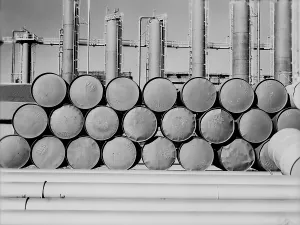 Petroleum Industry Prints: Oil barrels at the Phillips oil refinery in Borger Texas in 1942
