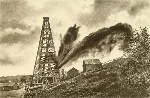 Wells Prints: Oil well with a side flowing gusher in the oil region of Pennsylvania, ca. 1880