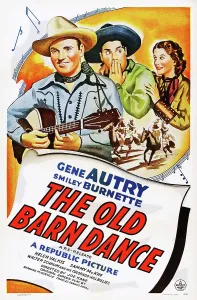 Valerie Prints: THE OLD BARN DANCE, US poster, from left: Gene Autry, Smiley Burnette, Joan Valerie, 1938