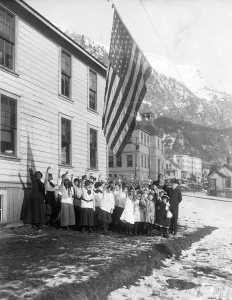 Salute Prints: Old Glory. Camp-Fire Girls saluting the flag, Juneau, Alaska Territory, 1915