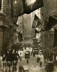 Edwardian Prints: Old Glory. Flags wave over Wall Street