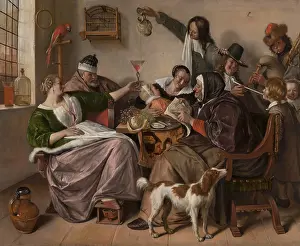 Party Prints: As the Old Sing, So Pipe the Young, 1668-1670, by Jan Steen, Dutch painting, oil on canvas