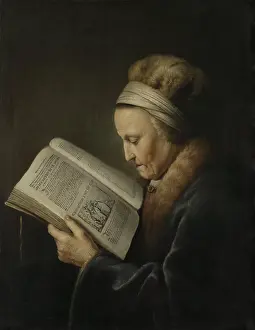 Fur Hat Prints: Old Woman Reading, by Gerard Dou, 1631-32, Dutch painting, oil on panel