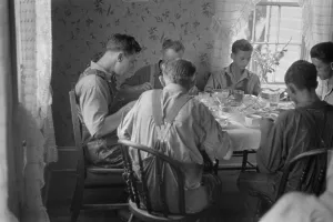 Dinner Prints: Old and young farmers having a full dinner during wheat harvest time