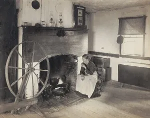 Simplicity Prints: OLDEN TIMES. Middle aged woman watching her cooking from a rocking chair by a fireplace as she smokes a pipe
