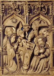 OLLERPere (15th century). Altarpiece of Saint Mary and Saint Peter. 1420. SPAIN. Vic. Cathedral. Old High Altar of the cathedral. Alabaster. Detail with scene of the Birth
