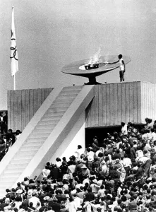 Mexico Prints: The Olympic cauldron is lit by Mexican hurdler Enriqueta Basilio during the opening ceremony of the 1968 Summer