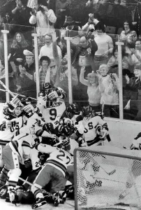 Olympics Prints: OLYMPIC GAMES-U.S. Olympic Hockey Team celebrates its 4 to 3 victory ofver the U