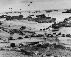 English Channel Prints: Omaha Beach after D-Day. Protected by barrage balloons